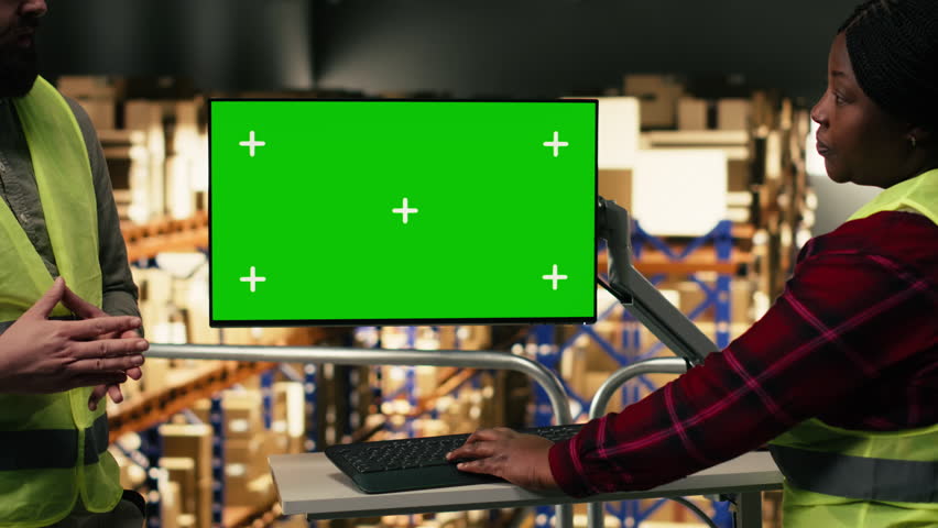 Green screen computer desktop, two workers team, distribution center, industrial job, manual labor and managing logistics operations in storage warehouse. Workforce safety in the industry.
