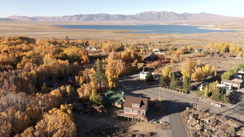 Crowley Lake, California, USA - Aerial View of Highway 395 with Red Mountain Near Mammoth Lakes in Fall, Eastern Sierra Landscape