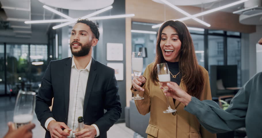 Businessman, team and toast champagne at office for celebration, goals and support at finance agency, People, investor and group with success, alcohol or sparkling wine for achievement at company