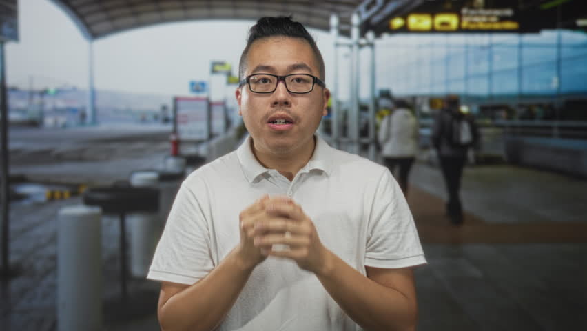 Young chinese man wearing white polo and glasses, hands covering mouth in airport terminal outdoors; surprise.