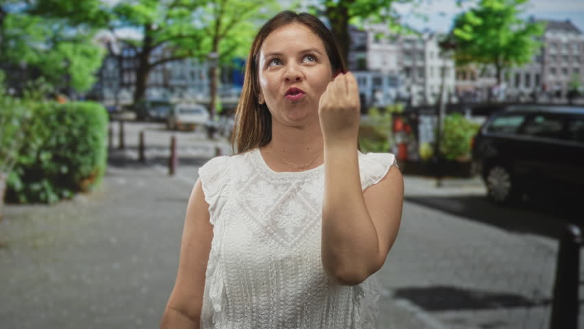 Woman with hand to lips blowing a kiss on city street beside parked cars and trees; playful affection.