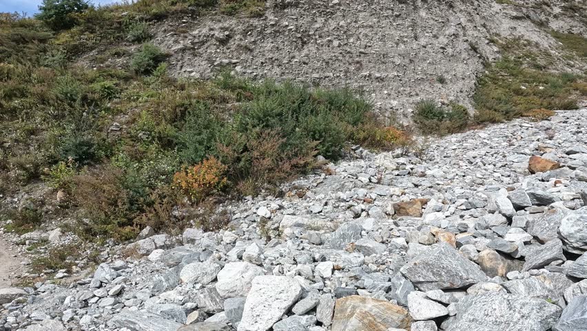 Footage of Landslide area covering an old Langtang village in Nepal. The 2015 earthquake triggered a catastrophic avalanche and landslide that submerged the village under a great plume of ice and rock.