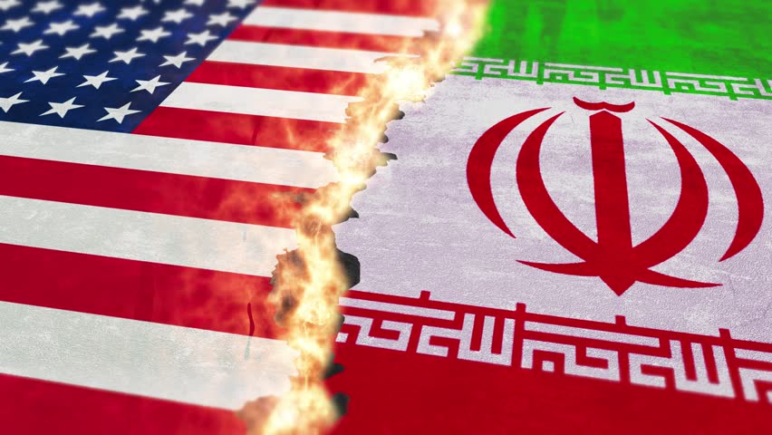 Video animation of the flags of Iran and the USA. Break between state symbols. Fire and explosions. Concept of political conflict with the USA. Severance of relations with Iran. 