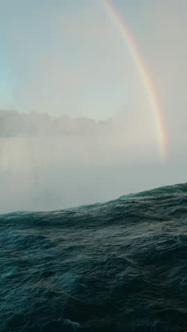 Niagara Falls waterfall with rainbow in mist and powerful river current, iconic natural landmark on USA Canada border.