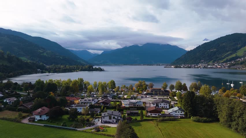 Drone view of Austrian countryside and great lake