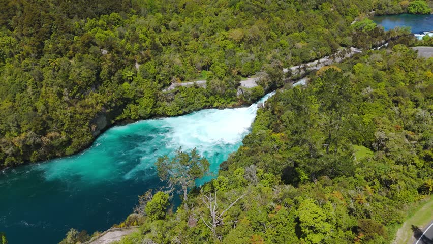 Amazing panning drone fly near the Huka Falls natural attraction on Waikato River near Taupo, New Zealand