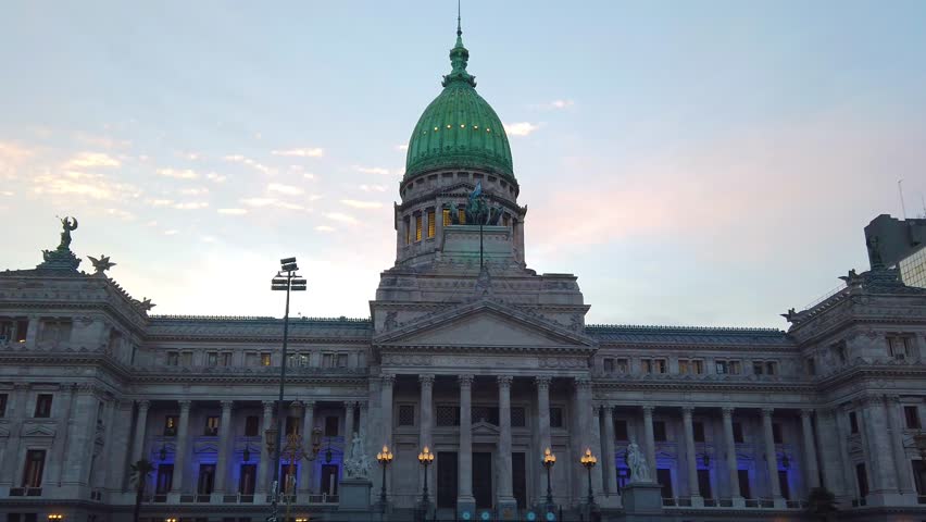 Congress National building of Argentina illuminated with neon at Sunset skyline of Buenos Aires, Government Institution