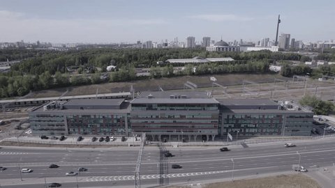 Drone Approaching Modern Office Building Moscow