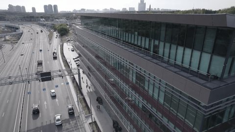 Drone Flying Downward along Moscow Office Complex