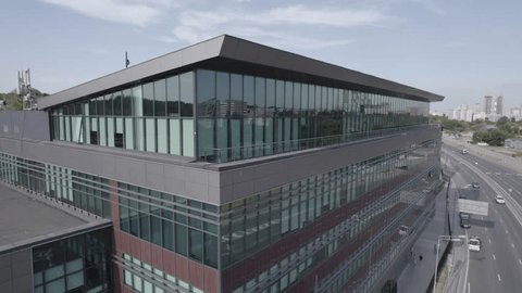 Drone Passing Moscow Office Complex City Skyline