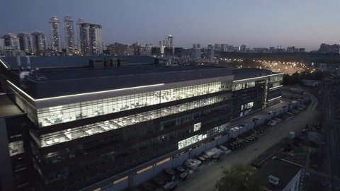 Aerial Orbit around Moscow Office Complex Twilight