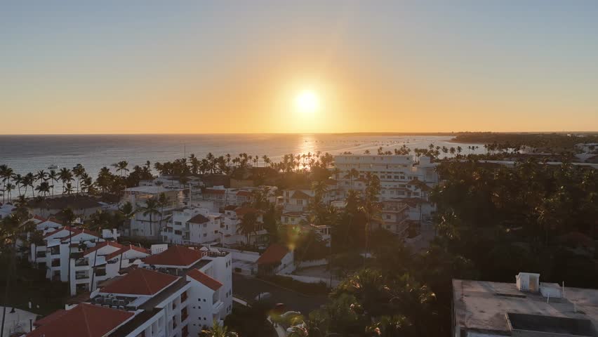 Sunrise Beach At Bavaro In Punta Cana Dominican Republic. Sunrise Skyline. Beach Landscape. Nature Seascape. Sunrise Beach In Bavaro In Punta Cana Dominican Republic. Scenic Palm Trees.