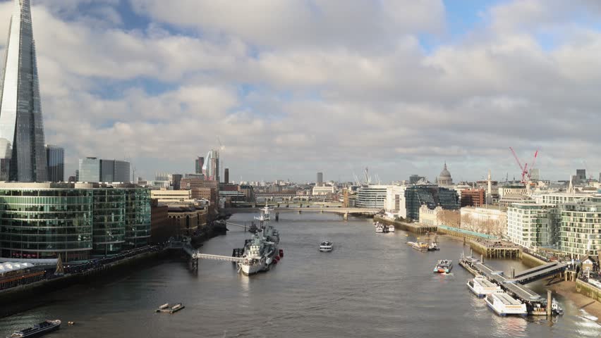 London city skyline with Thames river, The Shard and HMS Belfast, aerial panoramic landscape