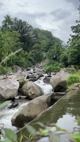 river with a mountain landscape view, featuring large rocks and trees