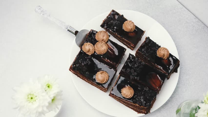 Slices of dark chocolate cake with frosting and chocolate chips served on white plate with cake server.