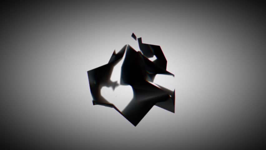 Dark angular form with sharp edges and faceted geometry floating centrally over a gradient gray background, creating a bold conceptual visual