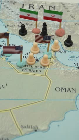 Geopolitical chessboard displaying the escalating military tension between Iran and the United States in the strategic Strait of Hormuz, a critical chokepoint for global oil supply