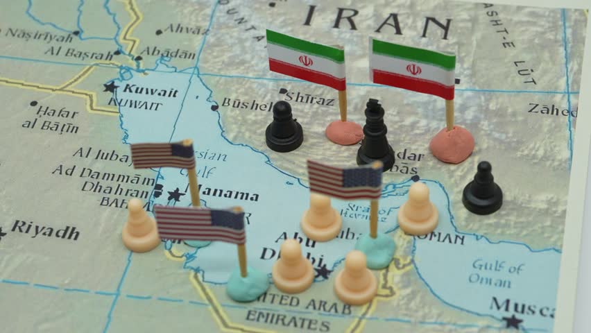 Conceptual representation of the geopolitical conflict between Iran and the USA in the Strait of Hormuz, with chess pieces and national flags symbolizing military strategy over oil control