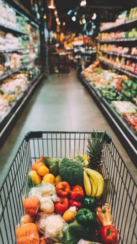 Shopping cart full of fresh fruit and vegetable, products inside a supermarket aisle, healthy lifestyle and grocery shopping concept. Eco market, shop. Vertical pov view.