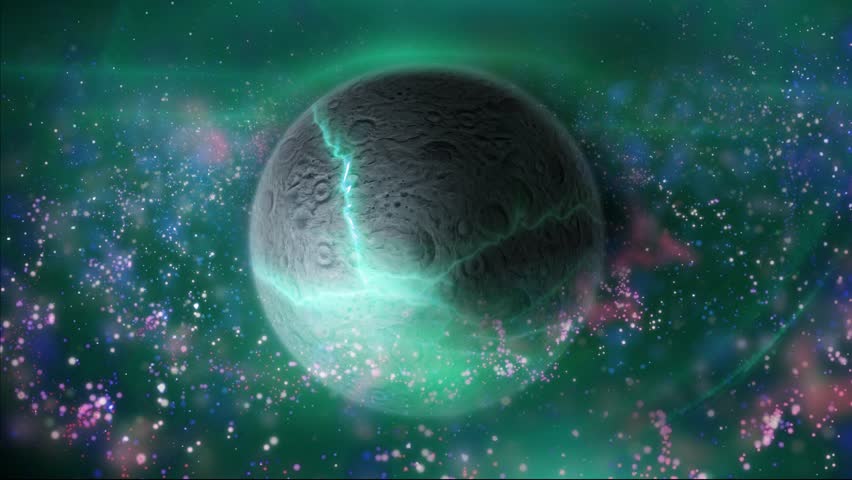 A planet with a mountainous texture rotates against a galaxy in the background. This video is suitable for space and science projects.
