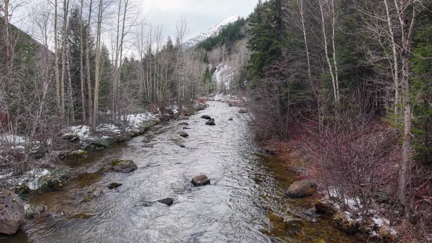 Aerial drone footage of a winding river flowing through a snowy mountain valley near Whitefish, Montana, lined with evergreen forests and bare trees in late winter