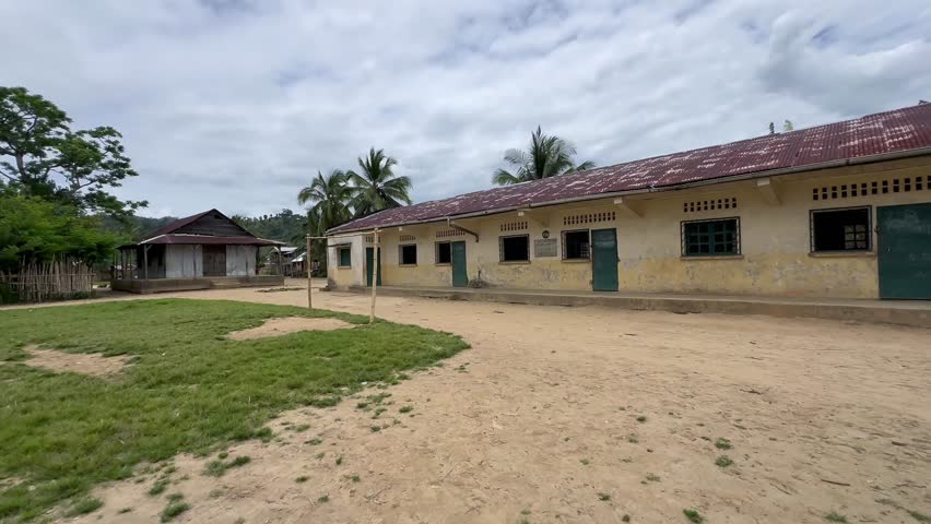 Pan right view of the school in Ambinanitelo village. Madagascar.