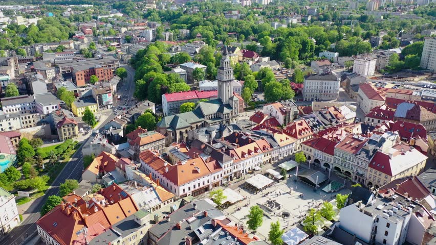 Drone aerial video of Saint Nicholas Cathedral in old part of Bielsko-Biala, Poland