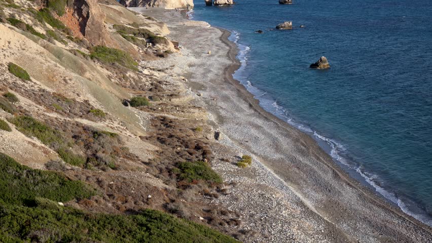 Petra tou Romiou - Rock of Roman known as Aphrodite Rock near Paphos, Cyprus, 4k