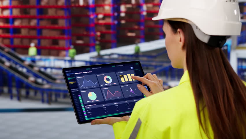 Warehouse Manager Reviews Inventory Data On Tablet For Supply Chain Automation.