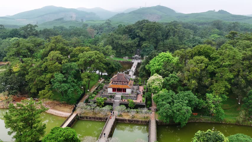 Aerial view of ancient minh mang tomb, a imperial tomb and tourist attraction in hue, vietnam.