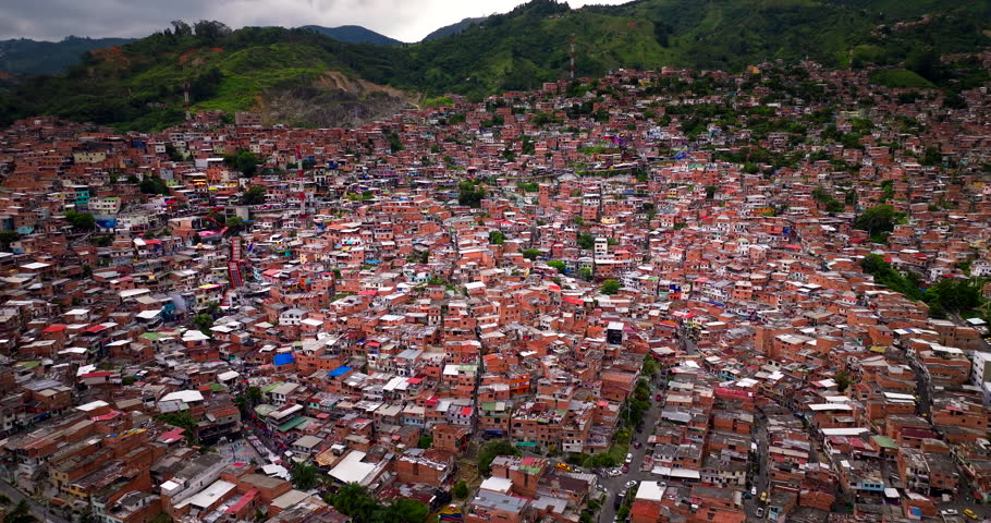 Populous and densely constructed city of Medellin Colombia, aerial view