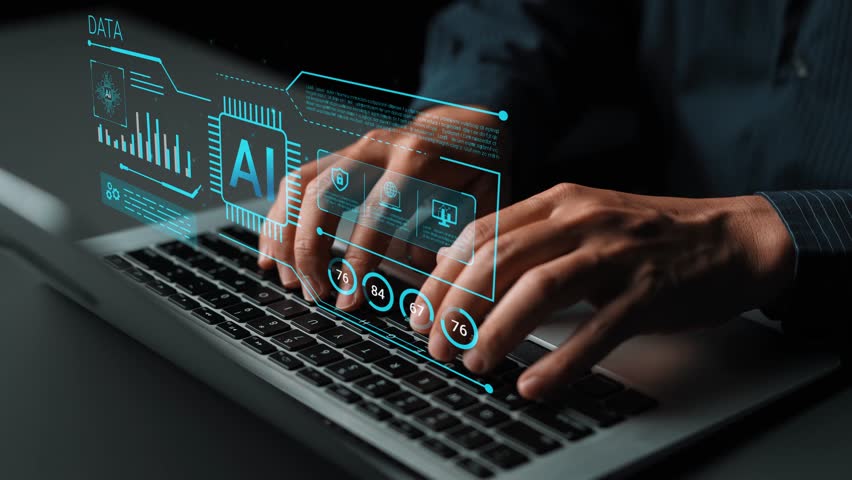 Hands Typing on Laptop with Futuristic AI Interface and Data Visualization for Digital Technology and Innovation Concept Gluon.