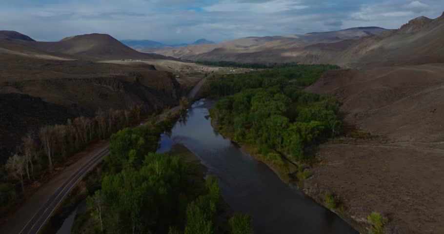 Elevated view of river bend and open hills along Highway 93 Idaho