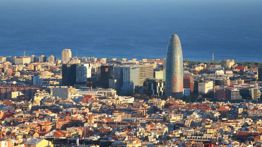 establishment shot of parc 22 and cityscape at night, Barcelona, Spain