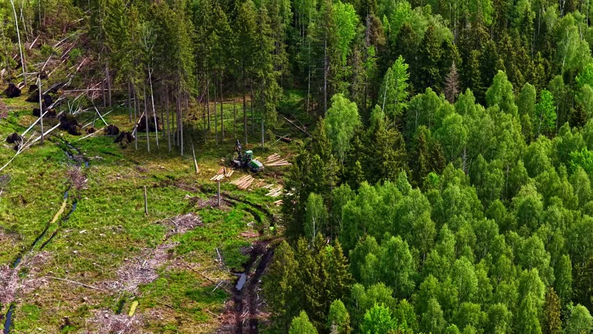 Aerial view over a forest of fallen spruce trees being harvested to make poles.