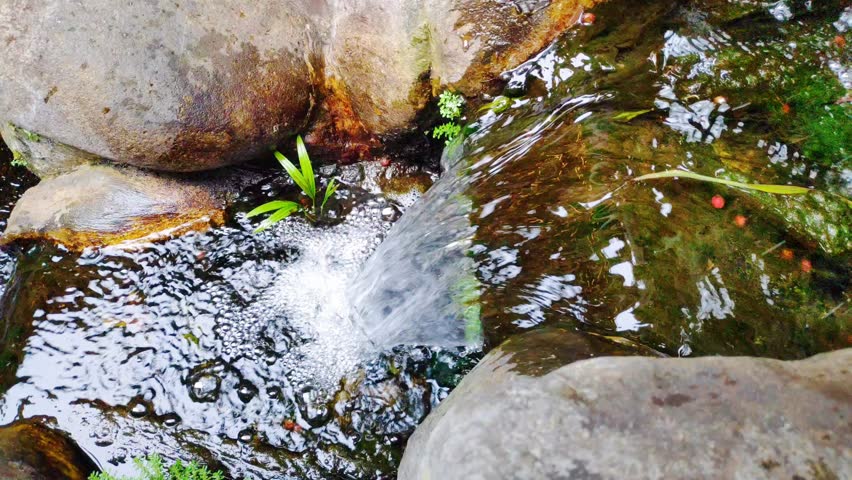 Close up of a mini waterfall feature flowing into a garden pond with crystal clear water and splashing foam