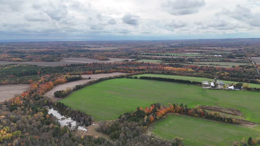Breathtaking aerial view of a vibrant autumn landscape with lush green fields and colorful trees, Port Hope, Ontario, Canada