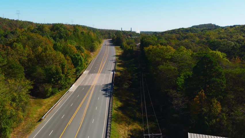 Multi-lane Road Of U.S. Highway 270 Near Jones Mill Quarry In Hot Spring County, Arkansas, USA. Aerial Wide Shot