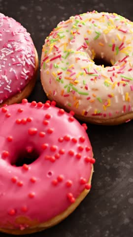 Delicious frosted donuts with colorful sprinkles arranged on a dark plate, ready to be enjoyed as a sweet treat