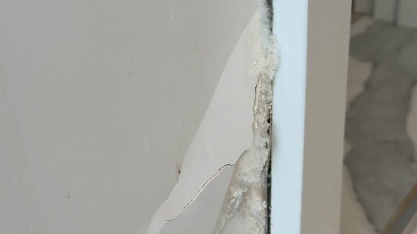 Mold and wall damage with visible crack and peeling plaster in home interior video