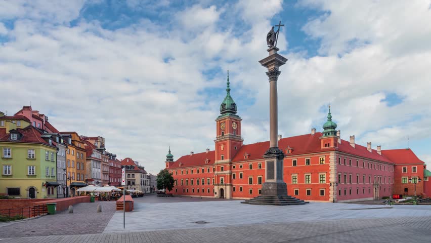 Warsaw, Poland. Plac Zamkowy square in front of The Royal Castle (static image with animated sky)