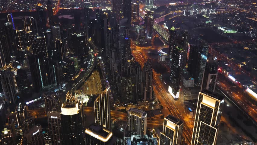 Dubai downtown after dark seen from above, United Arab Emirates