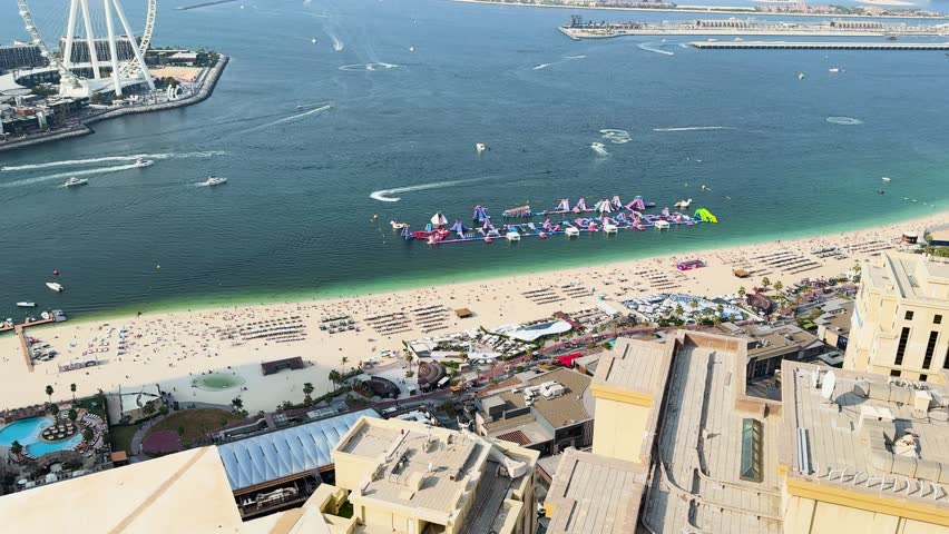 JBR Beach in Dubai Marina and Palm Jumeirah seen from above, UAE