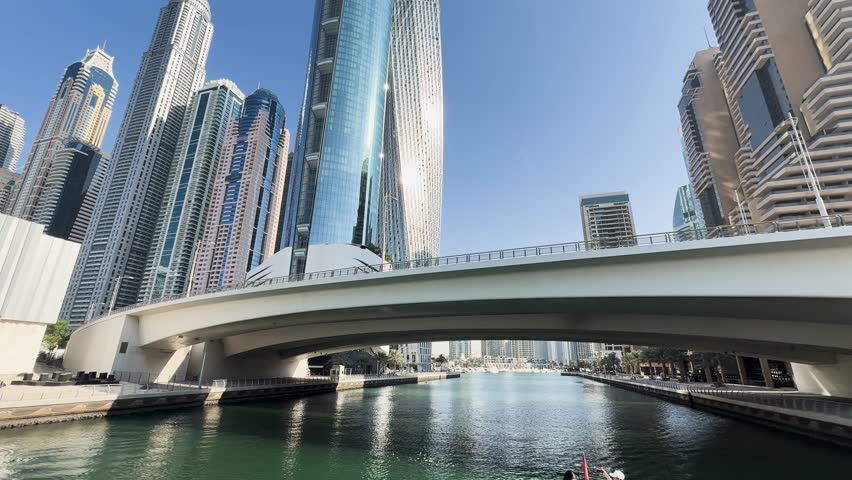 Pedestrian Bridge Amid Dubai Marina Skyscrapers in Dubai, United Arab Emirates