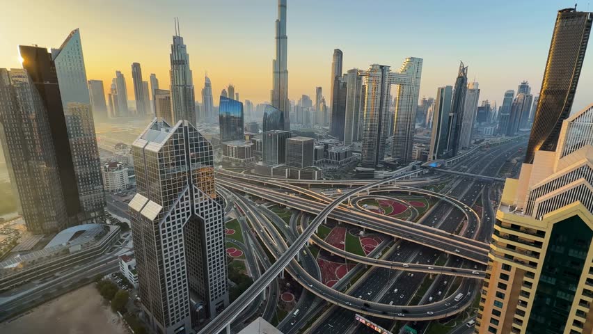 Time lapse of Downtown Dubai skyline at sunrise in Dubai, United Arab Emirates