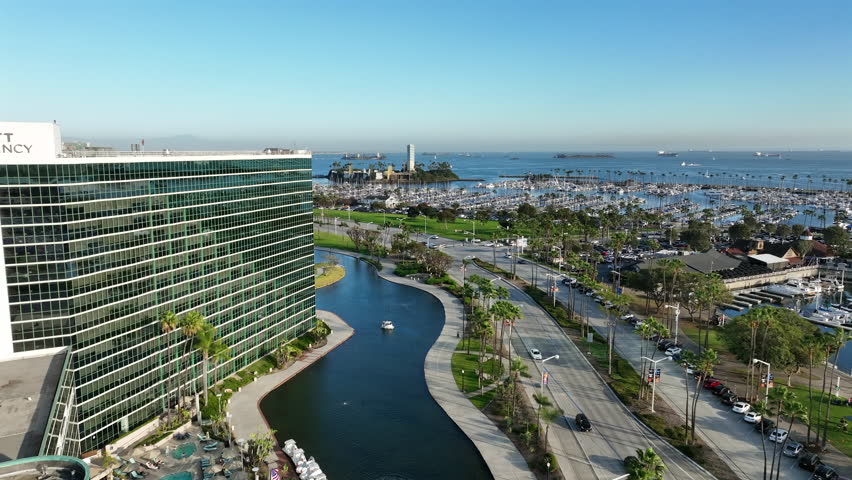 Long Beach, California, USA - Aerial View of Downtown Showing the Pike and Ocean Shoreline With Boats