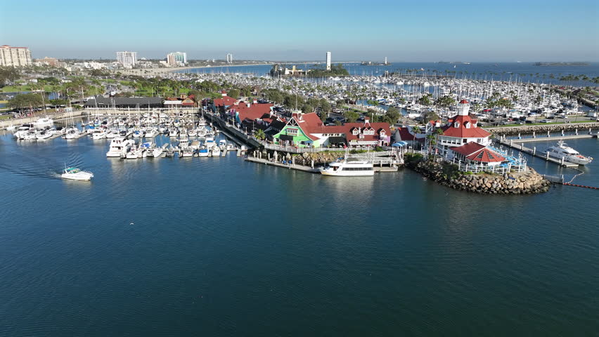Long Beach, California, USA - Aerial View of Coastal Shoreline with Boats and Restaurants