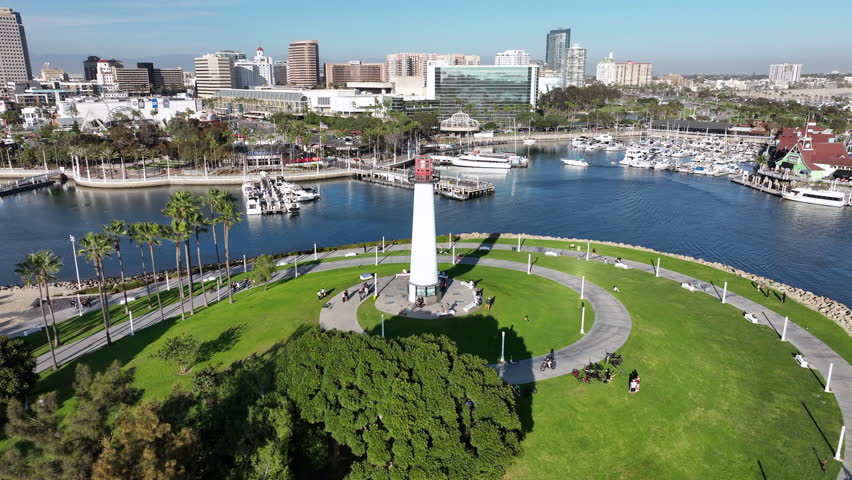 Long Beach, California, USA - Top View of Downtown Oceanside Showing the Lighthouse and Coastal Shoreline and Skyline