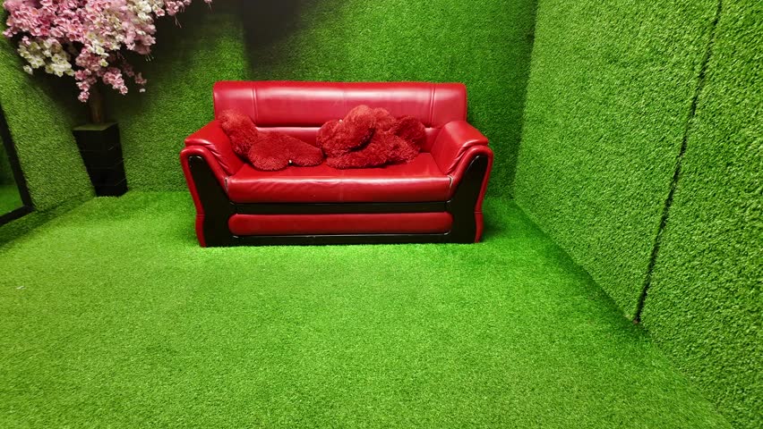 Red leather sofa with plush heart-shaped pillows rests on artificial green grass, surrounded by lush green walls and a vibrant cherry blossom tree, creating whimsical and romantic setting