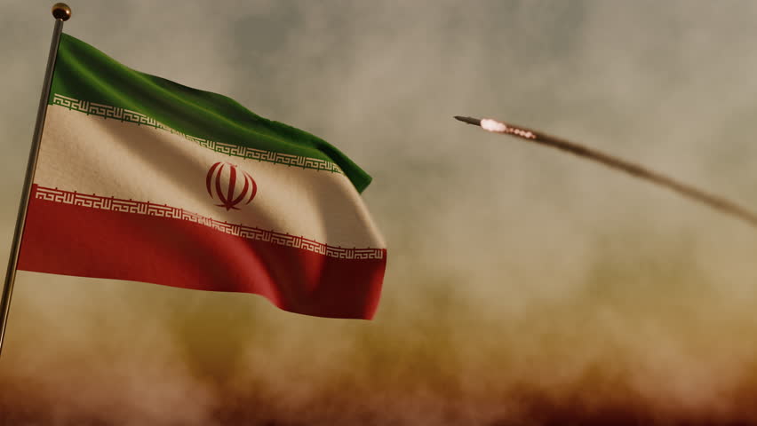 Flag of Iran with missiles launched to defend against war world attack